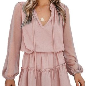 Pink Swiss Dot Bubble Sleeve Ruffle Mini Dress